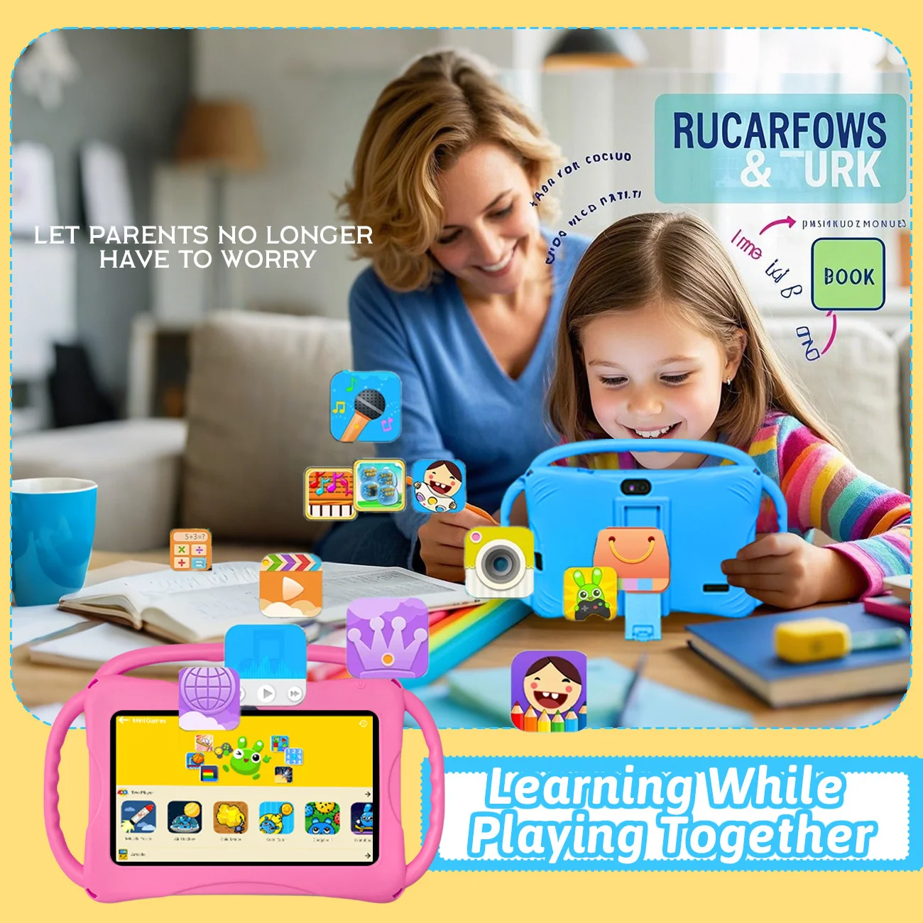 تابلت للأطفال 7 بوصة مع ذاكرة وصول عشوائي 2 جيجابايت + 32 جيجابايت ROM + SD توسيع، 3000 مللي أمبير، كاميرا مزدوجة، مع تحكم الوالدين وتعليم الأطفال، هدايا للأطفال