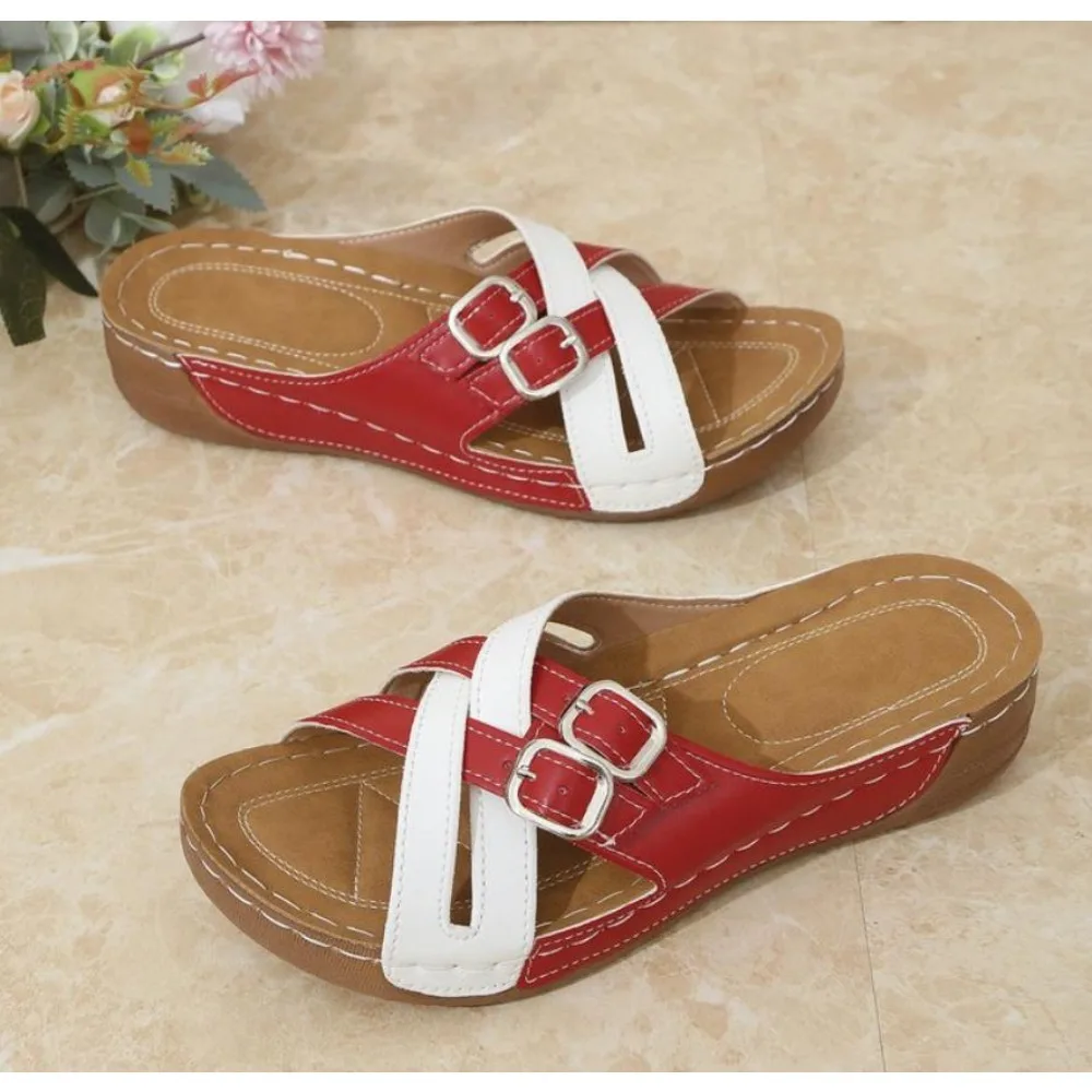 

Half Drag Buckle Flat Bottom Cork Slippers and Women Outdoor Beach Home Color Matching Versatile Summer Lazy Flat Bottom