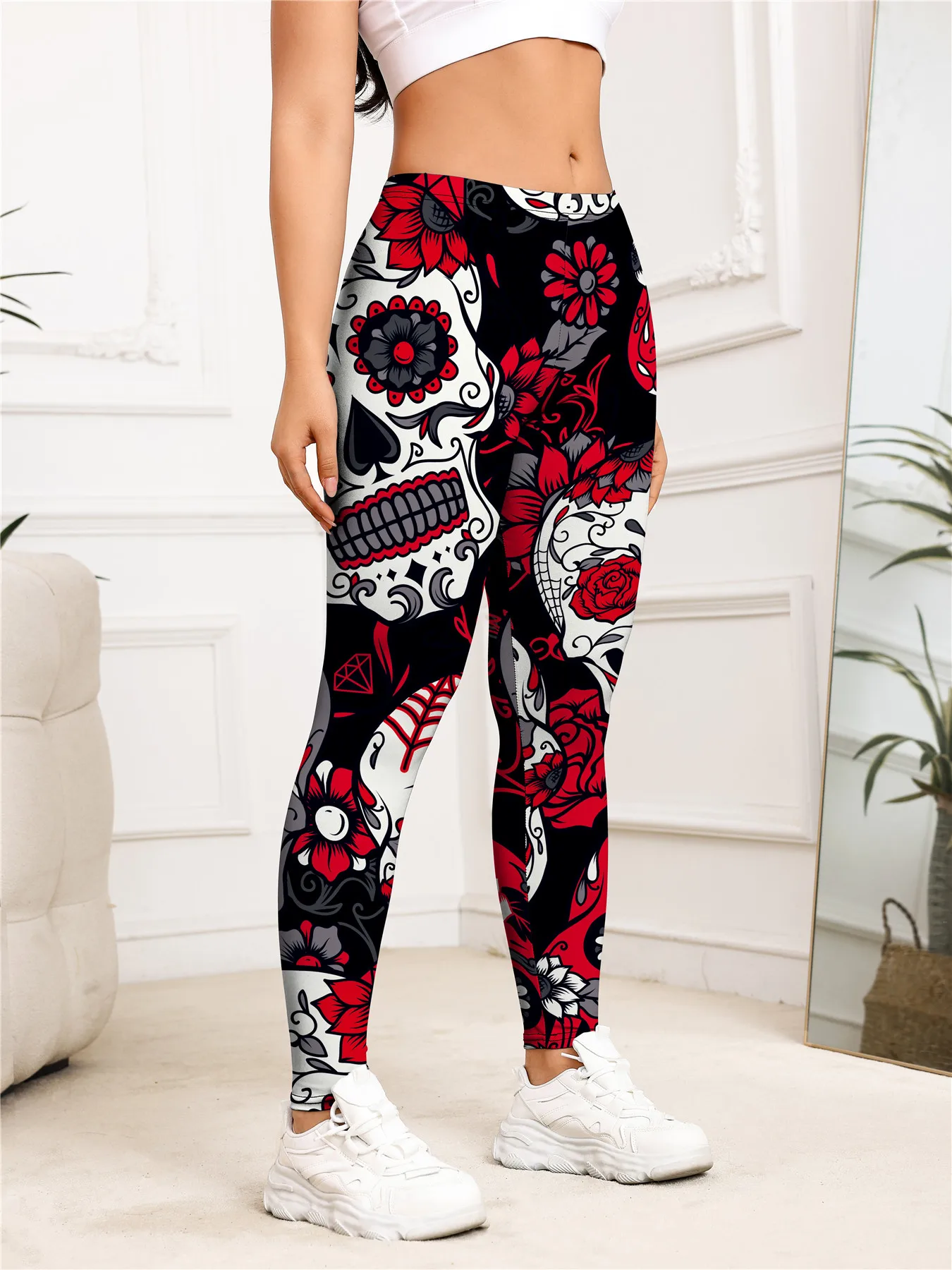 Ladies' high-waisted skeleton rose print elastic breathable fitness outdoor sports base pants - view 3