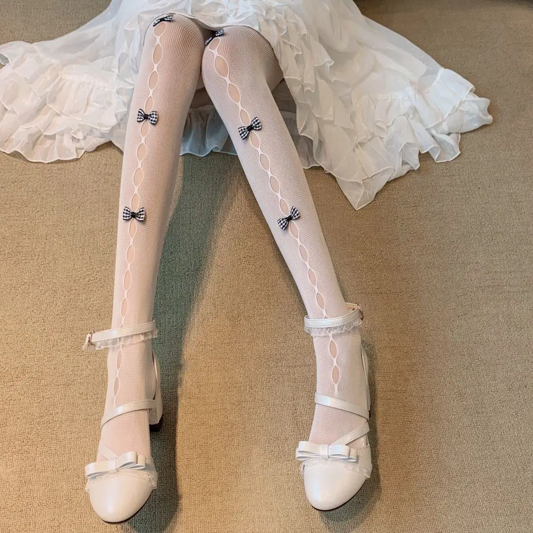 Medias de rejilla con lazo hueco para niña, pantimedias transpirables irregulares JK Lolita, medias de malla transparente, accesorios para vestido de Cosplay