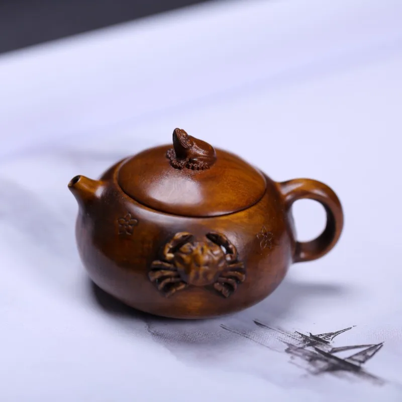 

Antique Style Boxwood Hand Carved Wooden Crab Teapot Figurine Miniature Ornament - Collectible Tea Pet Openable Lid Tea Ceremony