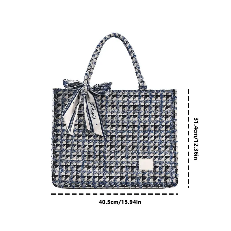 Large Square Plaid Canvas Tote Bag for Women