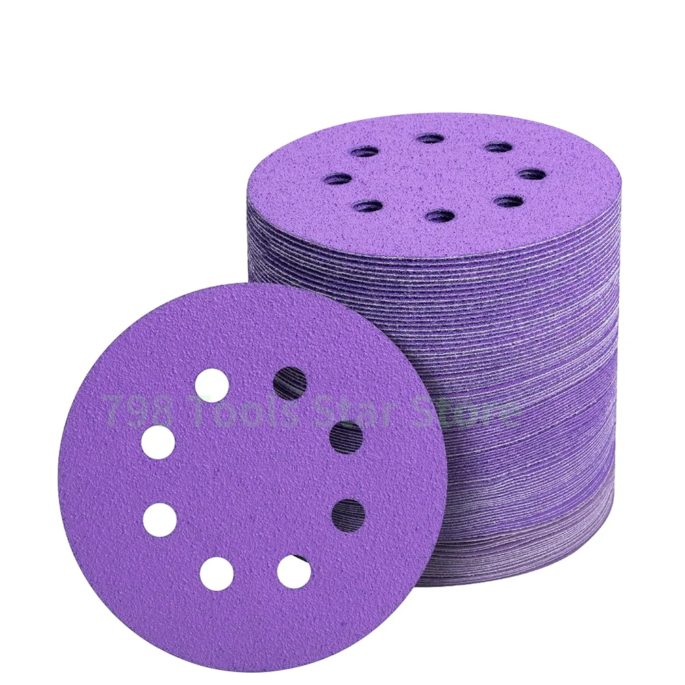 100PCS 5 Inch 8 Hole Sanding Discs, 60-800 Assorted Grits Purple Sanding Pad Hook & Loop Sanding Disc for Automotive Polishing