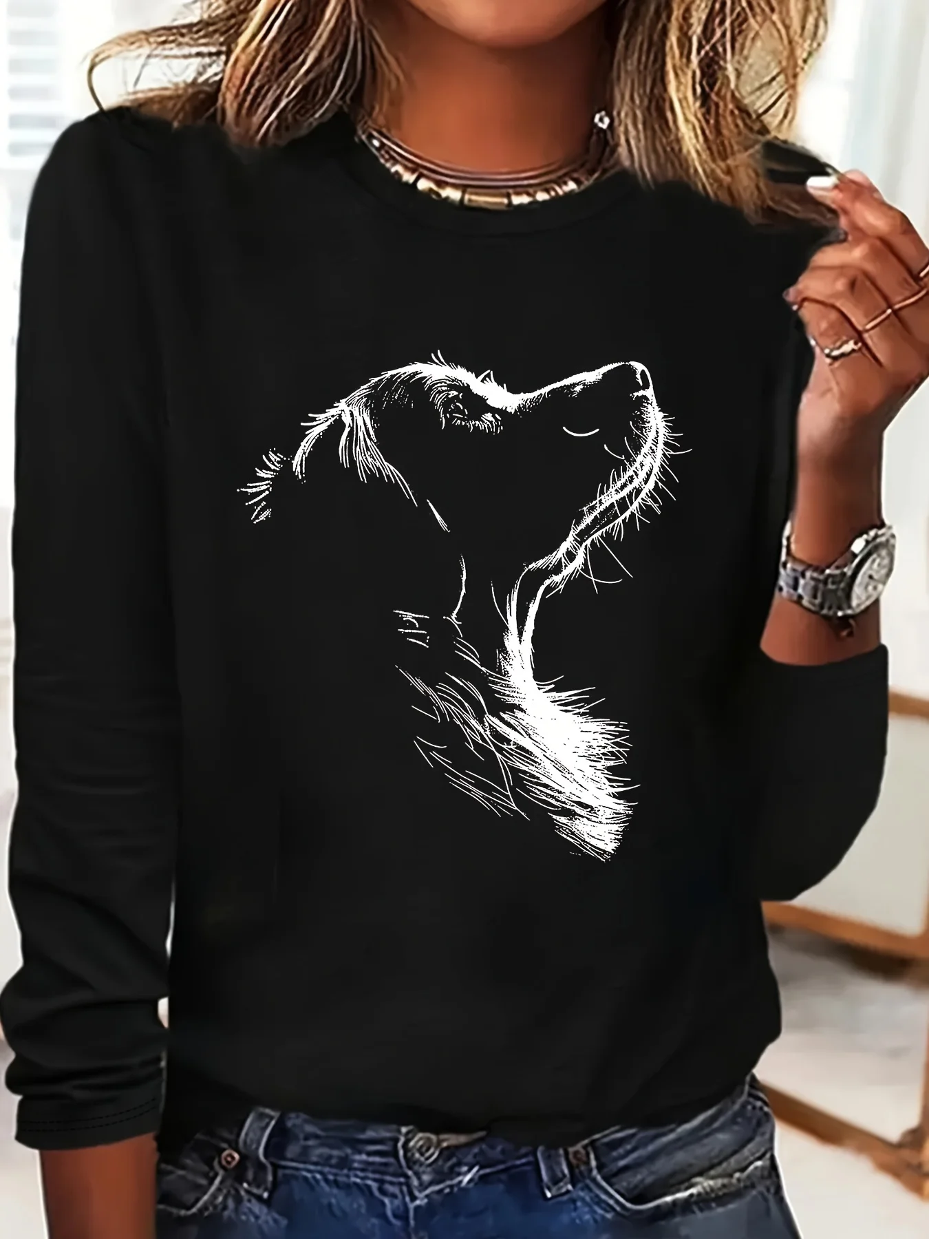 

Women's Spring and Autumn 100% Cotton Fashion Casual Loose Fun Cartoon Dog Pattern Printed Round Neck Long Sleeve T-shirt Top