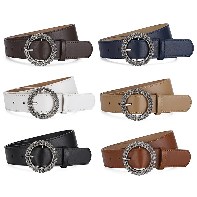 

2025 New Round Buckle Belt Rhinestone Inlaid Simple Versatile Women's Dress Fashion Senior Sense of Youth Belt