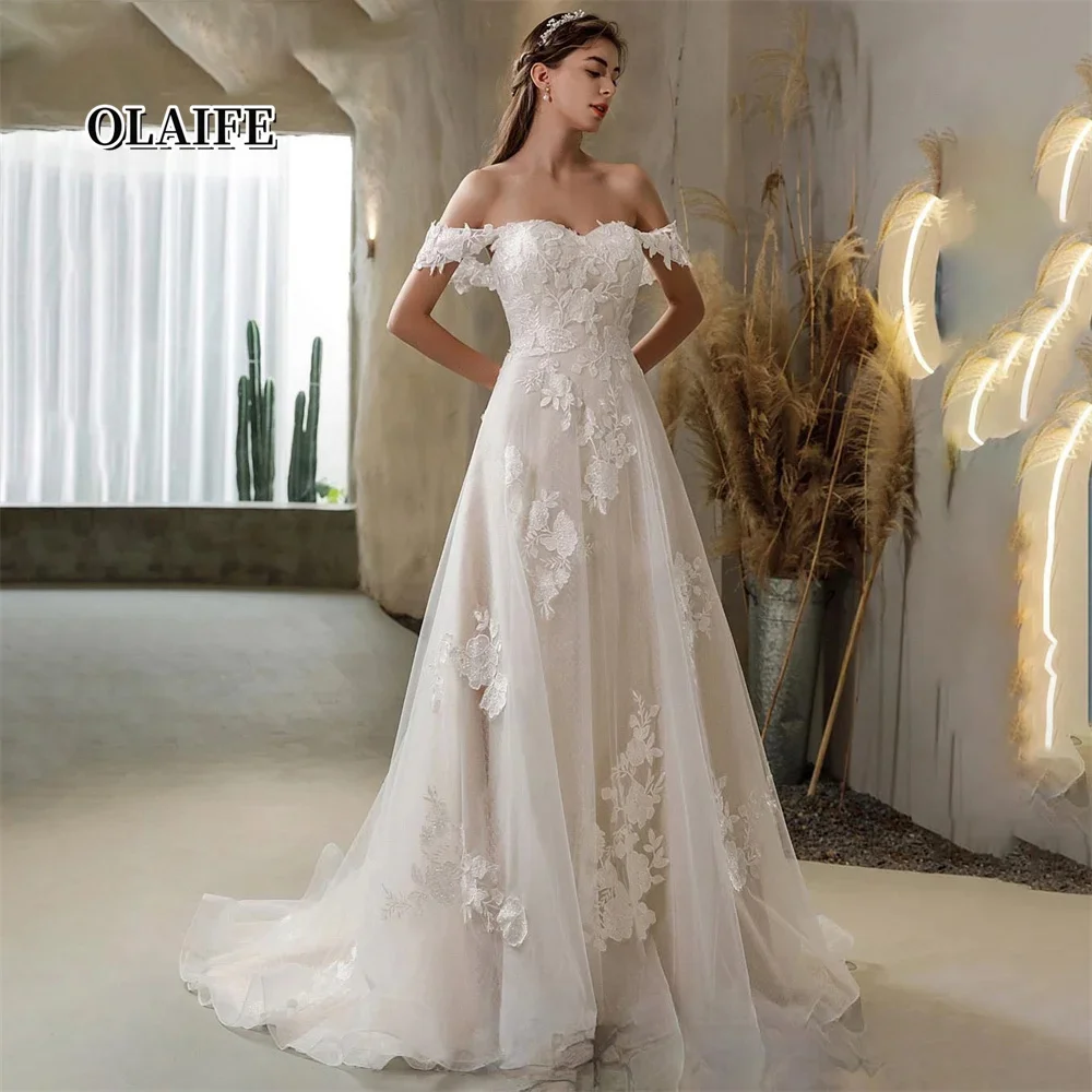 

A Line Princess Wedding Dresses Women Sweetheart Off Shoulder Bridal Gowns Lace Applique Beach Boho vestidos de novia