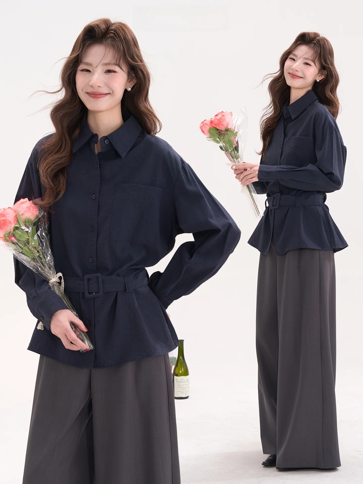 

Женская блузка Ele Simple Cold Tone с длинным рукавом и поясом, из смесового хлопка, в корейском стиле, однотонная, для повседневной носки, весенняя