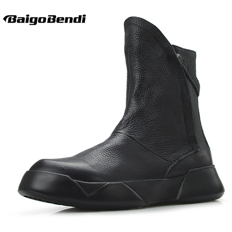 US Size Men's Soft Cowhide Leather Warm Plush Concise Boots Fashion Man Pure Black All-match Winter Shoes