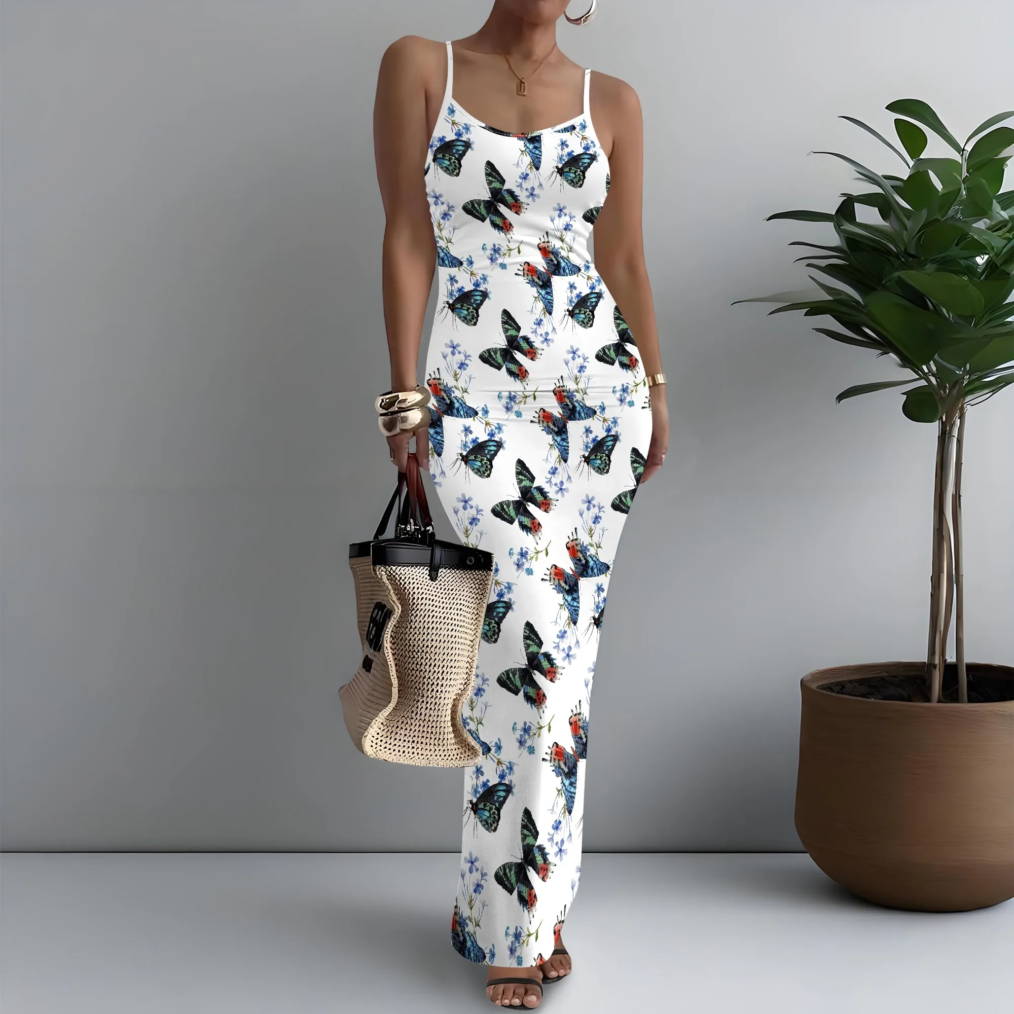 

Women's Spaghetti Strap Maxi Dress Retro Vintage Butterfly Print Elegant XS-3XL