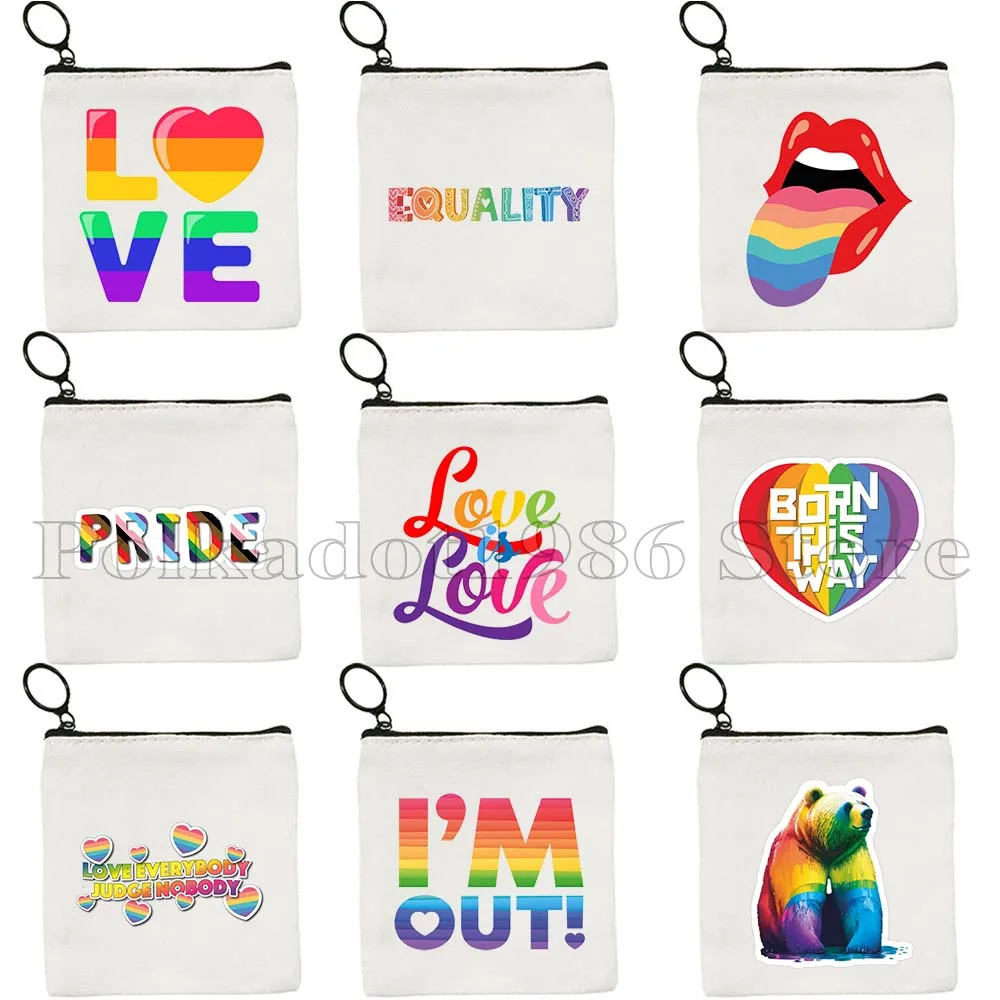 Rainbow Heart EQUALITY Gay Pride LGBTQIA Cute Gifts Canvas Coin Purse Bag Small Square Key Storage Card Bag Wallet Zipper Pouch