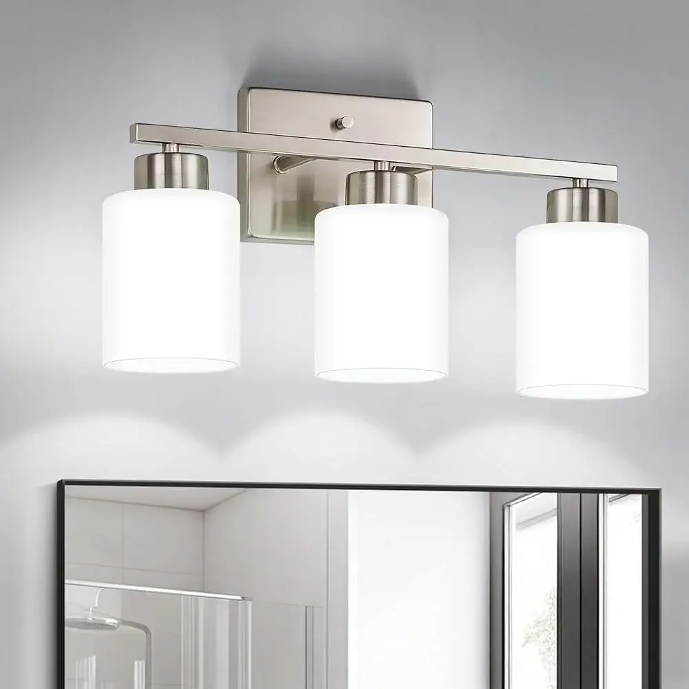 3-Light Brushed Nickel Bathroom Vanity Light Fixtures Over Mirror with Milky White Frosted Glass Shades ETL-Certified E26 Socket