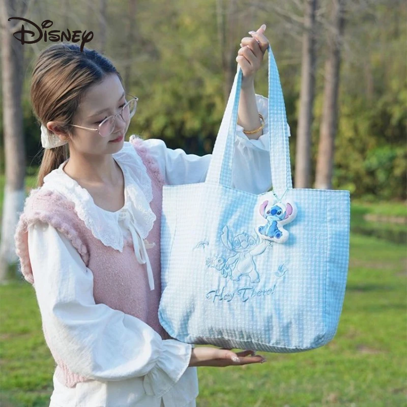 リロとスティッチディズニーチェック柄バッグかわいい漫画アニメ刺繍プリントアクセサリーハンドバッグ学生通勤バッグ新しいギフト