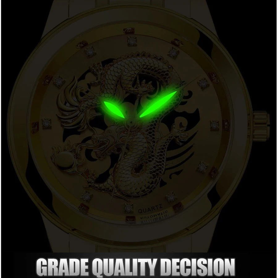 [FREE RING] Men Gold Dragon Design Quartz Watch Fashion Casual Hollow Out Calendar Stainless Steel Watches