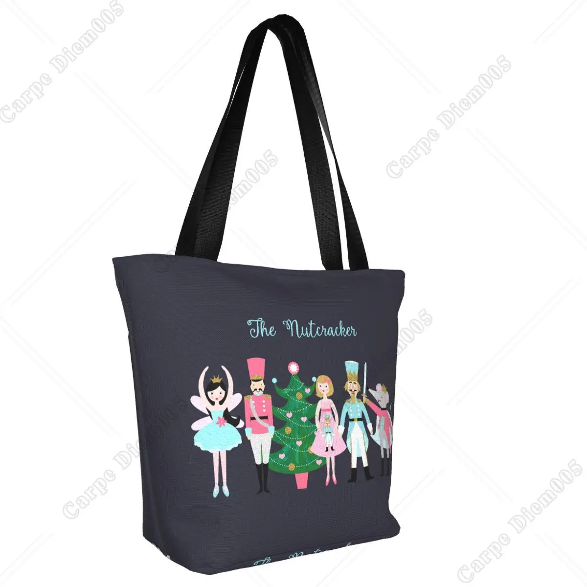 Christmas Nutcracker Fairy Shopping Bags Printed Canvas Shopper Zipper Tote Shoulder Bag Large Capacity Handbag