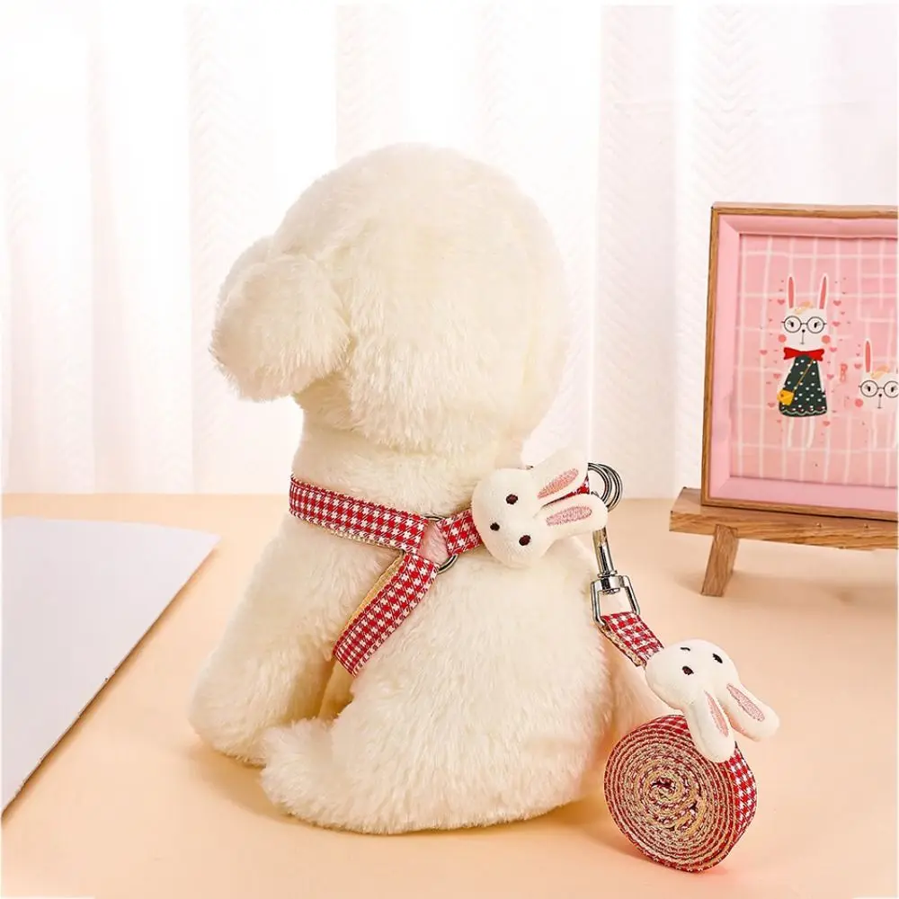 

Practical Rabbit Doll Dog Plaid Chest Vest Adjustable Cloth Rabbit Doll Dog Harness With Leash Dog Chest Strap Kitten