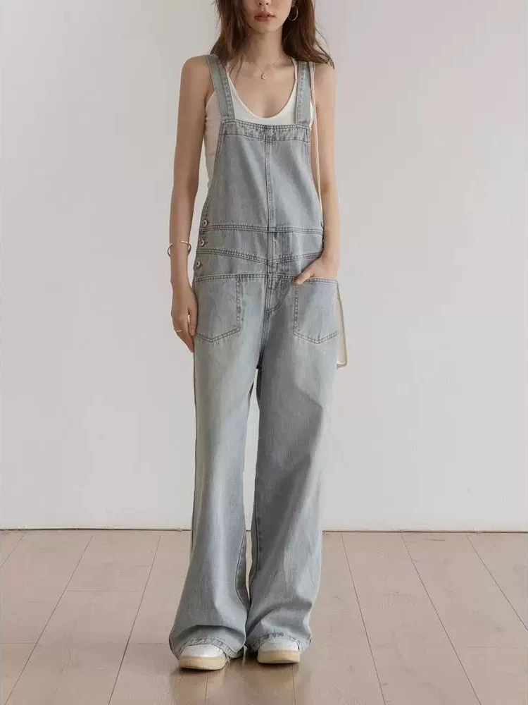 

Women's Light Blue Overalls Vintage Fashion Wide Leg Suspender Jumpsuits Pants Female Streetwear Rompers Thin Denim Trouser