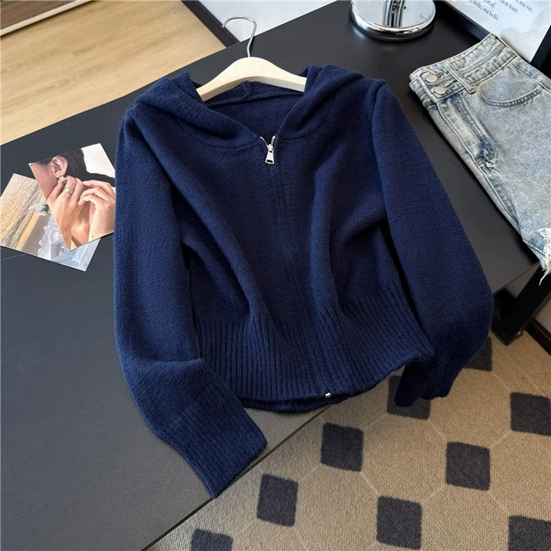 

Dark Blue Hooded Knit Cardigan Jacket Women Slim Short Sweater Spring Autumn New Korean Zipper Long Sleeve Ladies Knitwear Coat
