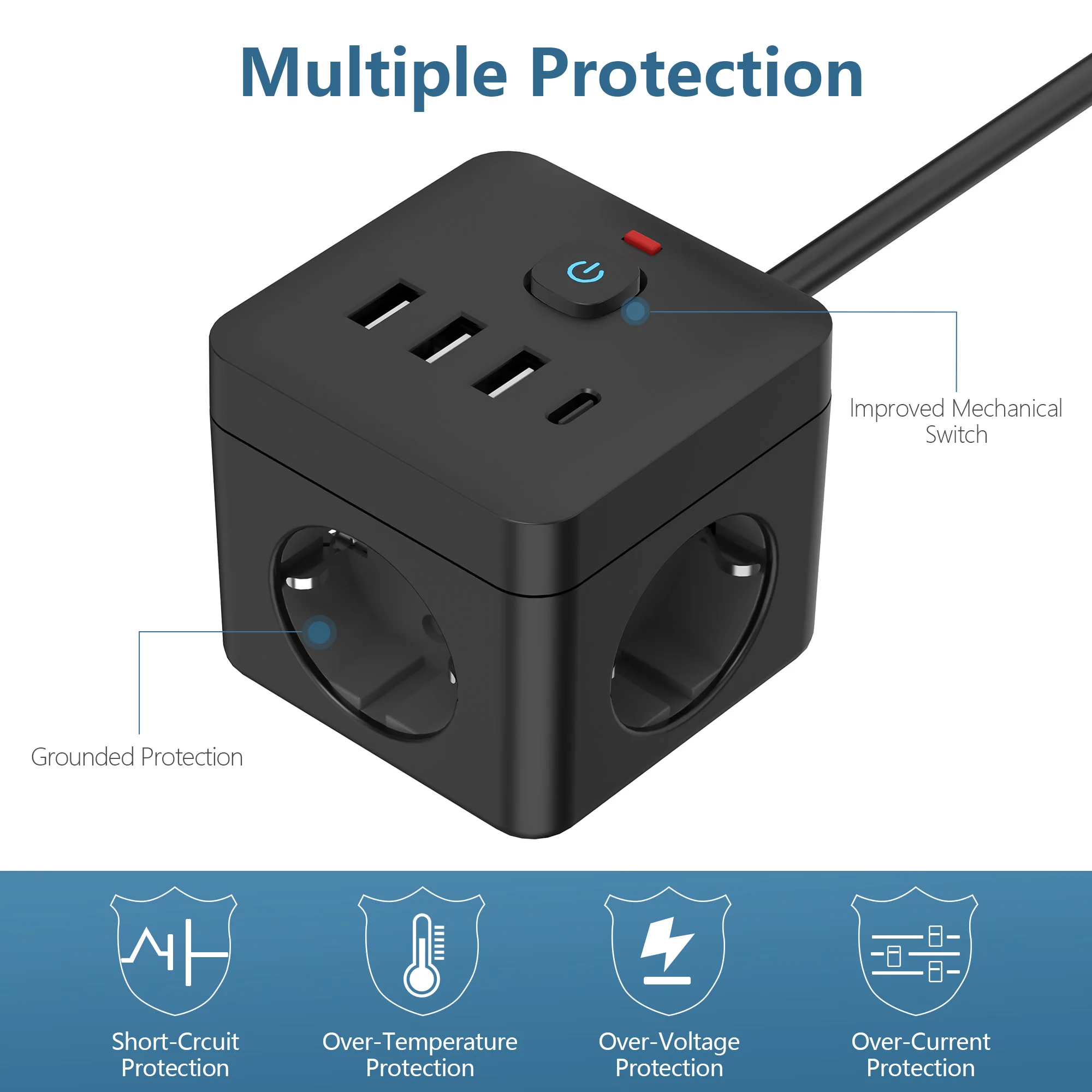 7-in-1 EU Power Strip, Power Strip Surge Protector, 3 AC Outlets 3 USB 1 Type-C, Desktop Charging Station With Overload Protecti