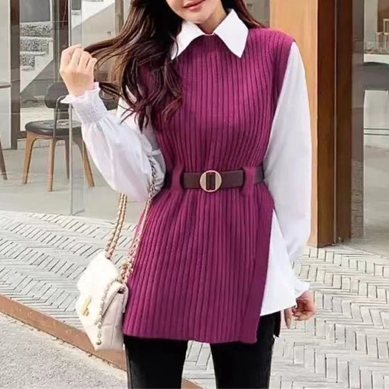 Two Piece Set for Women Autumn Winter Fashion Slit Elegant Knitted Sweater Vest White Chic Long Sleeve Shirts Office Lady Outfit