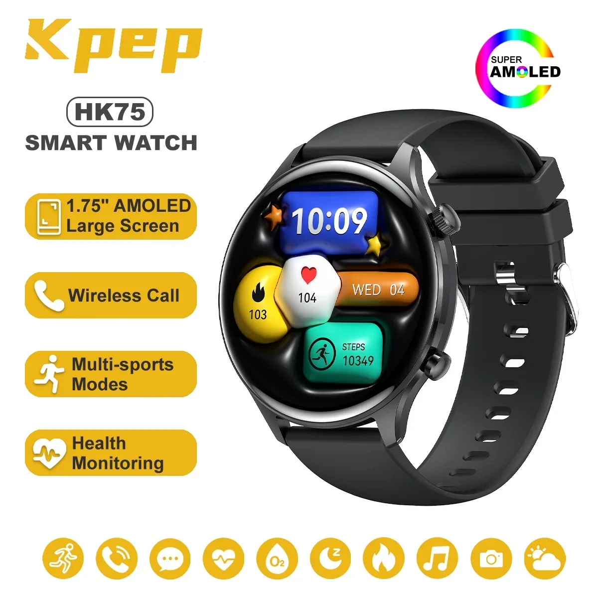 ساعة ذكية KPEP مقاس 1.75 بوصة AMOLED HR/SpO2/مراقبة صحة النوم اتصال لاسلكي IP68 جهاز تعقب للياقة البدنية الرياضي المتعدد للرجال والنساء