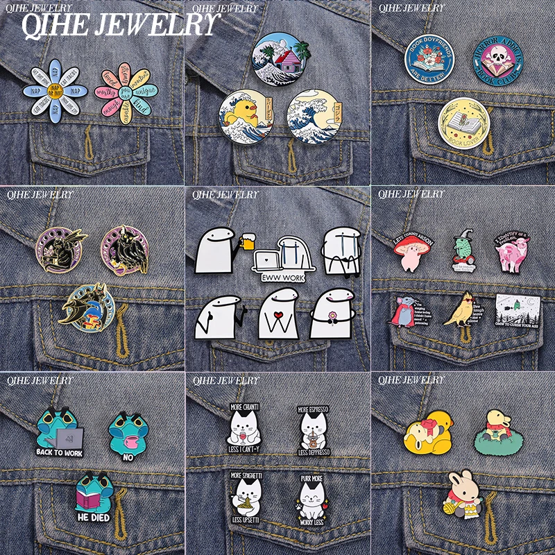 2-6Pcs/Set Cartoon Cute Anime Animal Brooch Enamel Pins Funny Simplified Figures Game Role Rabbit Muscle Frog Rat Brooches Badge