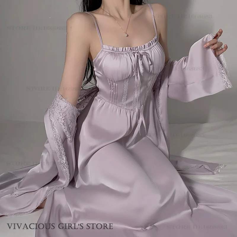 Spring New Women Long Robe Nightgown Sleepwear Two Piece Set Sexy Lace Bathrobe Lingerie Loose Silk Satin Home Dress Loungewear