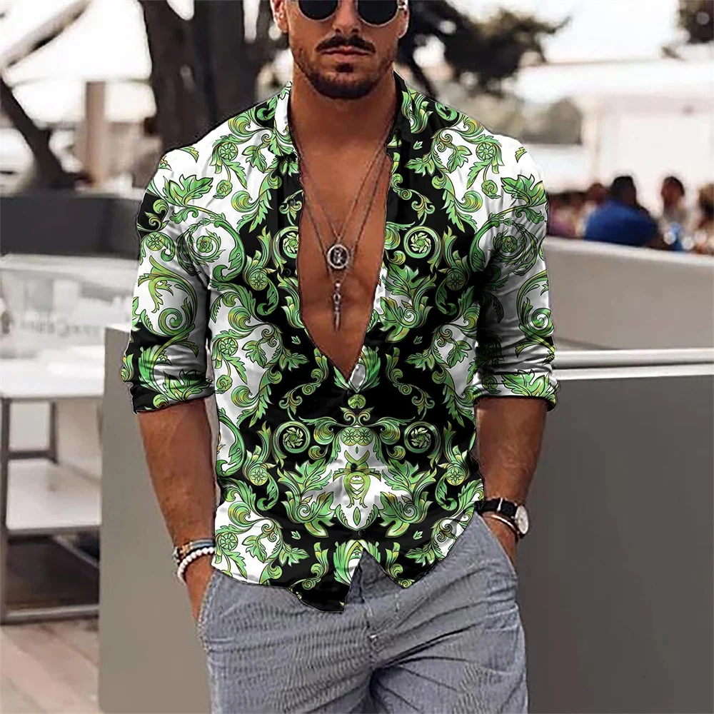 Camisa masculina de manga comprida, top estampado em 3D roupa unissex casual, padrão de textura luxuosa, nova moda, primavera e outono