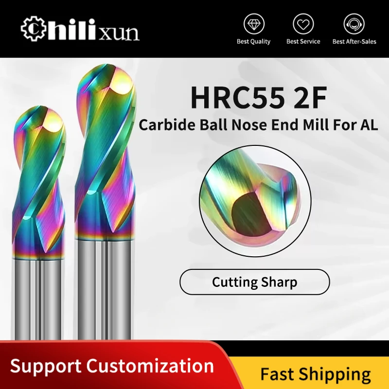 HILIXUN 2 Flute HRC55 Ball Nose End Mill Tungsten Carbide Cutter CNC Router Bit Milling Tool Color Coating Ball End Milling