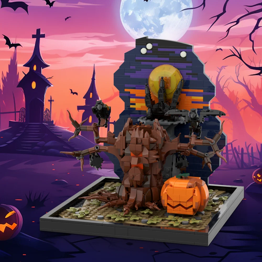 

Gobricks MOC Halloween Tree Horror Pumpkin Building Blocks Model Halloween Dark Castle Dead Tree Crow Bricks Assembly Toys Gift