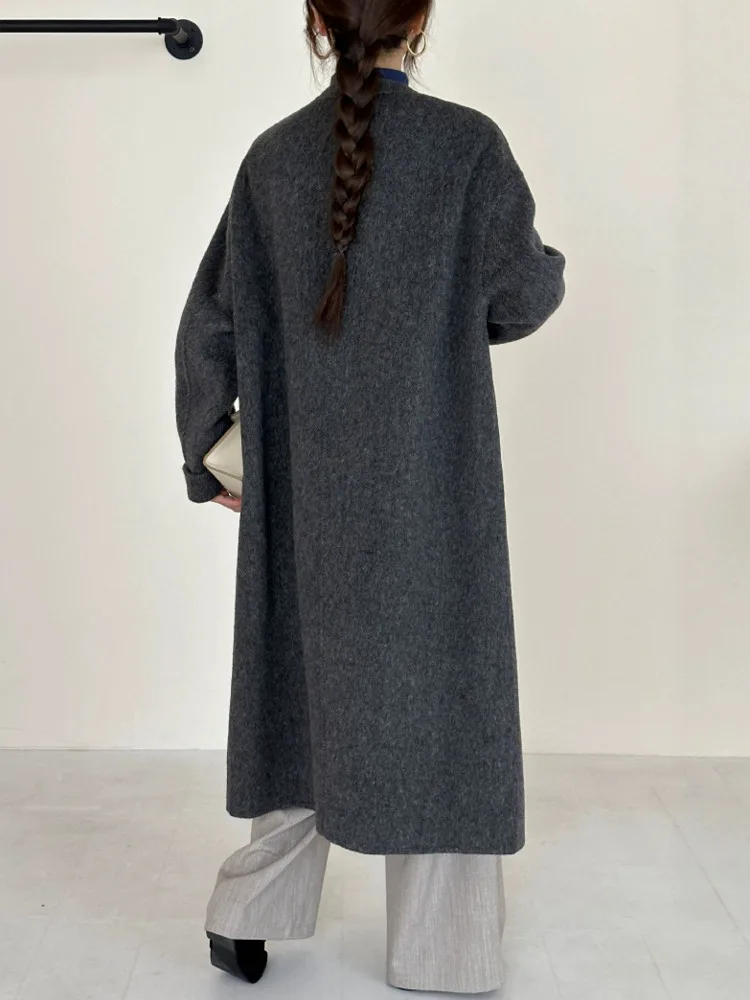 ZMEENNA femmes gris anthracite laine mélange Long manteau col montant cravate détail chaud formel mode usage quotidien surdimensionné ZM3481