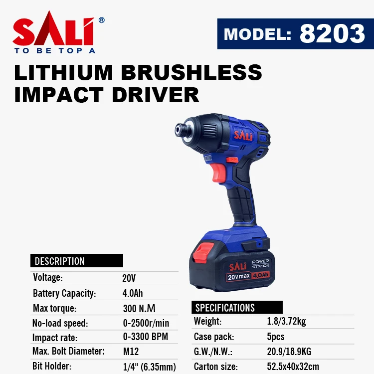 SALI - High Quality 8203 Model 20V Brushless Impact Driver 300 N.M 4000 mAh Lithium Battery