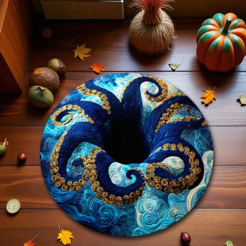Deep Sea Kraken Illusion Rug, Majestic Blue Tentacles with Gold Suckers Circle Carpet Mysterious Ocean Abyss Themed Floor Art