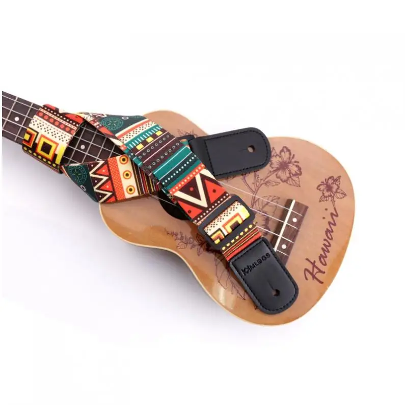 Adjustable Printing National Style Ukulele Strap Guitar Belt Shoulder Straps with Soft PU Leather Head