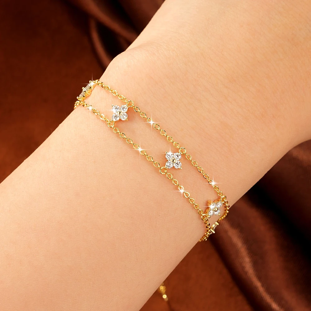 Lnkry 14K Gold Filled Armband mit vierblättriger Blume und Doppelkette für Damen, zertifiziertes 2mm rundes Moissanit-Armband, Handschmuck, Geschenk – Detail 9