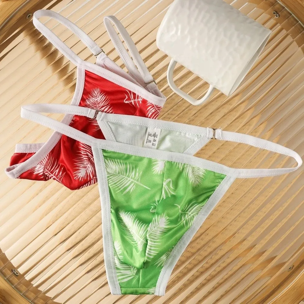 Summer Thin Strap Underwear Male Ice silk Low Waist Thin Panties Feather Printed Lingerie T-back Briefs Youth