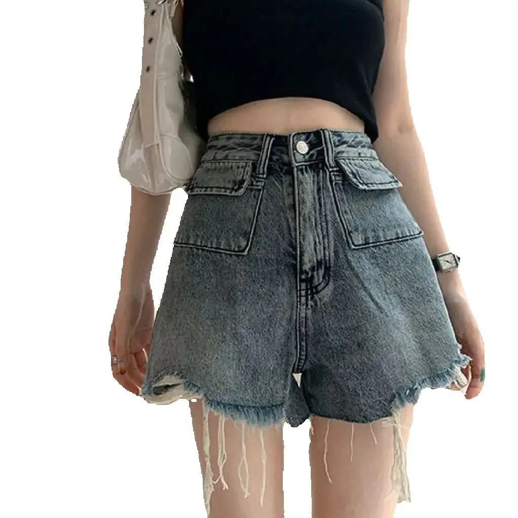 Retro Wash Fur Edge Denim Shorts Women Summer New Niche Design Hot Girl High Waist Slim Loose Wide-Leg A-Line Pants