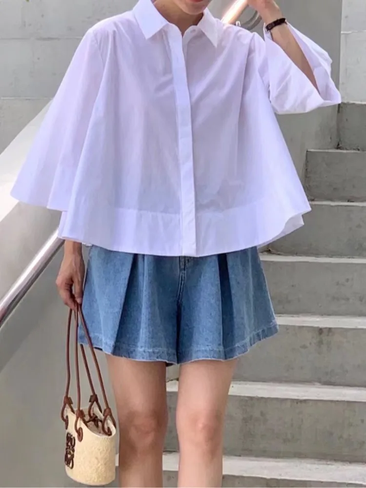 

Chic Summer Design Loose Coat-Sle Long Sve Sun Protection irt Women's Sweet Sle Bell Sve f High Collar Pure Color