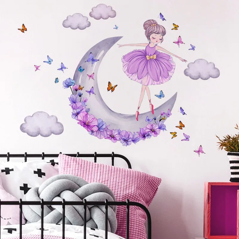 Removable Vinyl Wall Stickers Ballet Little Girl Moon Clouds Butterfly Home Decor Living Room Bedroom