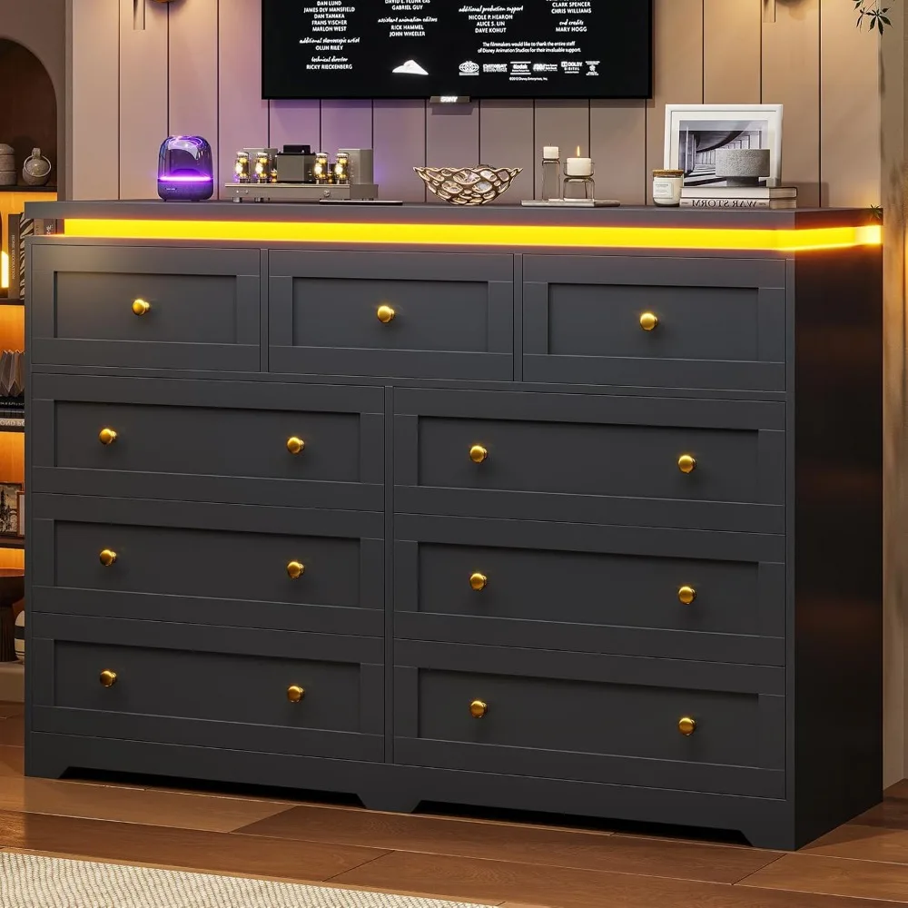 خزانة ملابس سوداء مكونة من 9 أدراج لغرفة النوم مع أضواء LED، وخزائن خشبية كبيرة لغرفة النوم، وخزانة ذات 9 أدراج حديثة، وخزانة طويلة لـ Cl #3