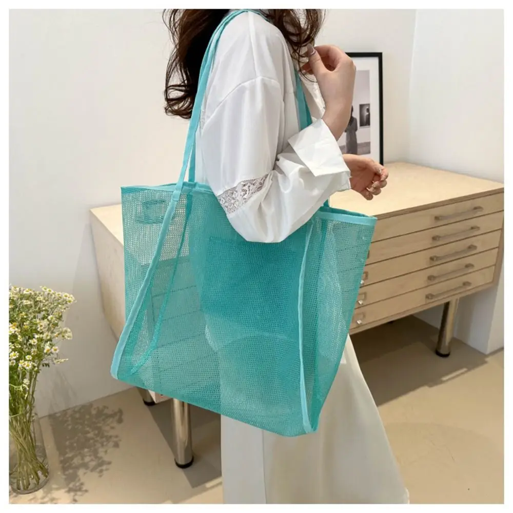 Portable Summer Hollow Out Totes Bag Swim Casual Mesh Shoulder Bag Large Capacity Beach Shopping Handbag For Women