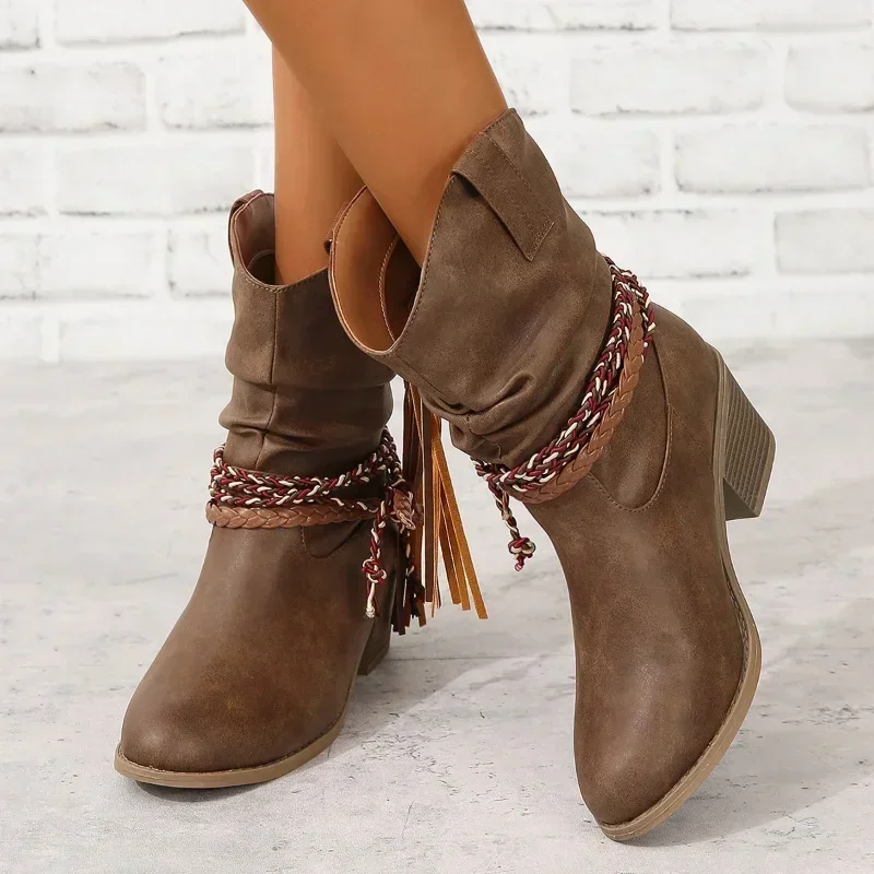 Trendy Retro New Western Cowboy Boots Autumn Winter Tassel PU Material Ankle Boots Pleated High Heels Mid Leg Boots for Women