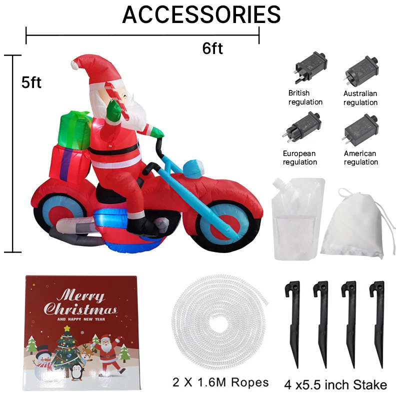 1,8 M/5,9 pies inflable Santa en motocicleta luces de Navidad LED hogar vacaciones iluminación decoración patio suministros de Navidad decoración al aire libre