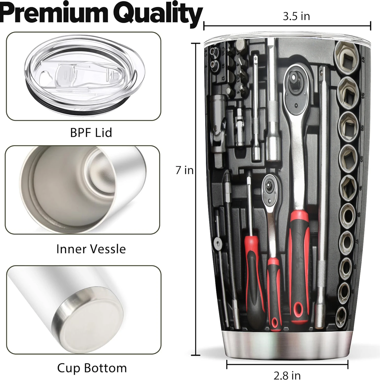 20oz ميكانيكي الأدوات مكنسة من الفولاذ المقاوم للصدأ قارورة مزدوجة الجدار معزول بهلوان مع القش وغطاء إبقاء الباردة الساخنة كوب طباعة هدية