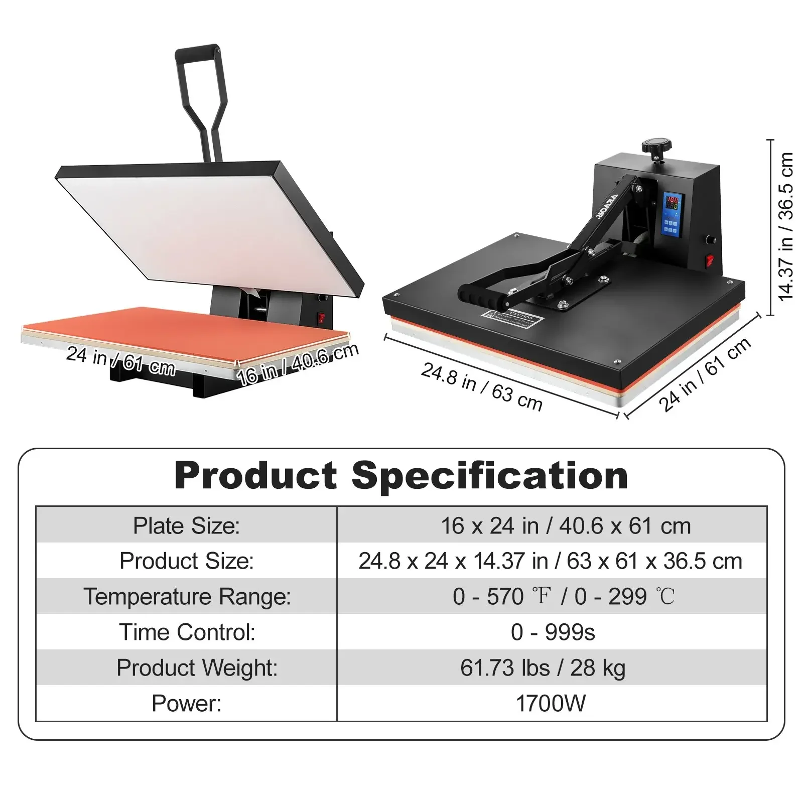 Imagem -06 - Vevor-alta Pressão Heat Press Machine Power Heat Press Machine Aquecimento Rápido 16x24 16*1516*2023*151700w