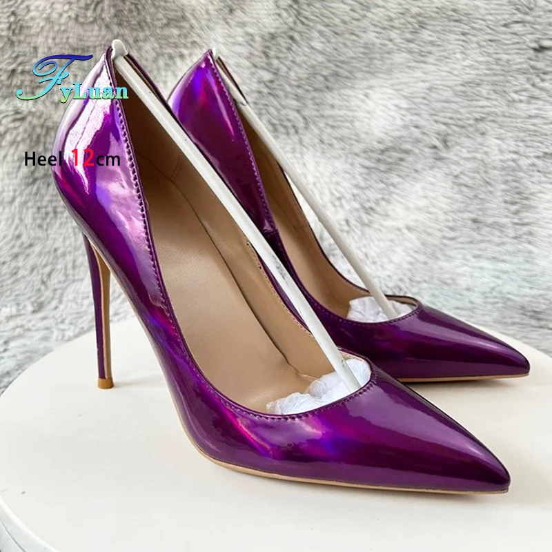 8CM 10CM 12CM Women's Pumps 2025 New Shiny Purple High Heels Female Fashion Pointed Laser Holographic Single Shoes Plus Size 46