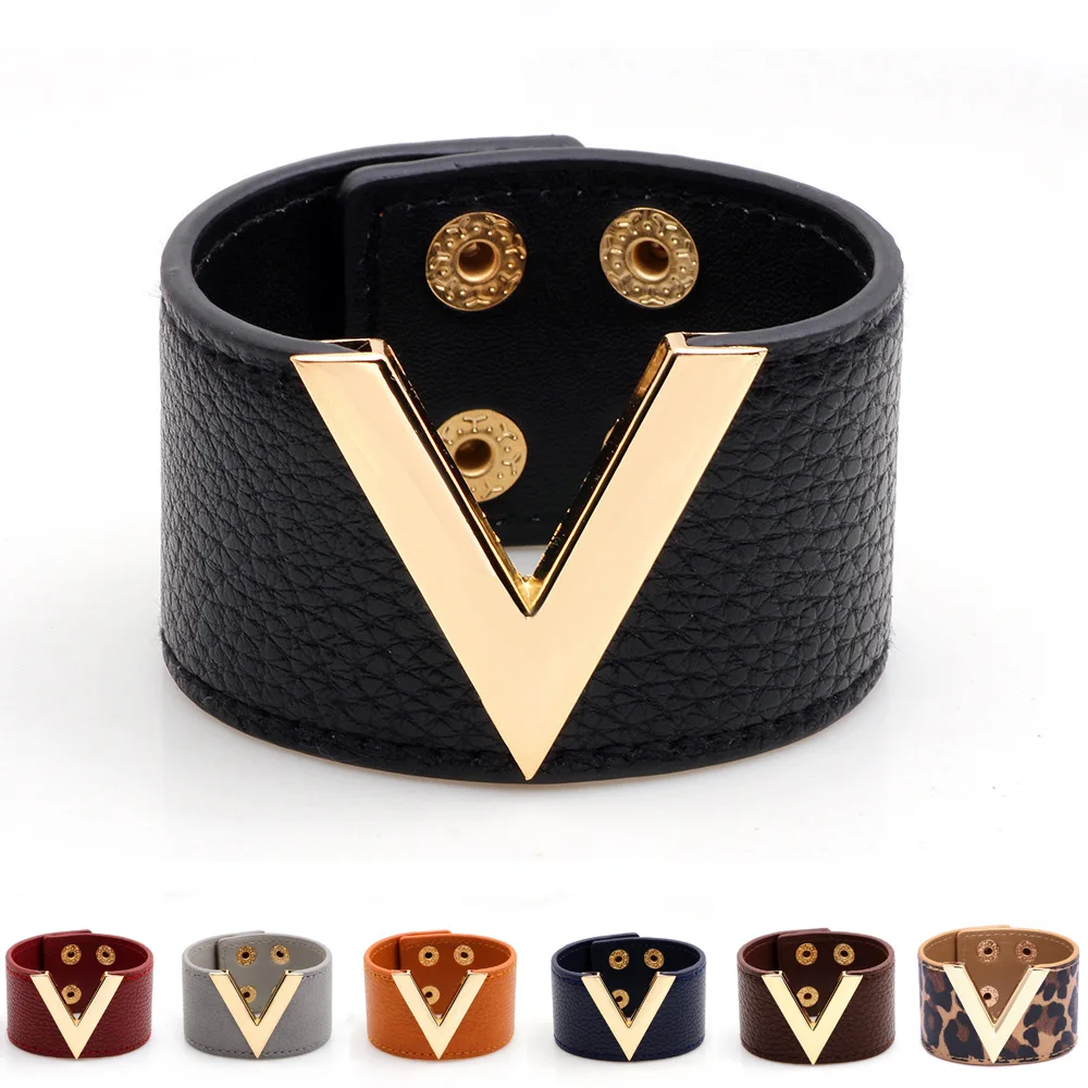 

Charmsmic New Wide V Shape PU Leather Bracelets For Women Multicolor Female Metal Wristbands Jewelry Wholesale Dropshipping