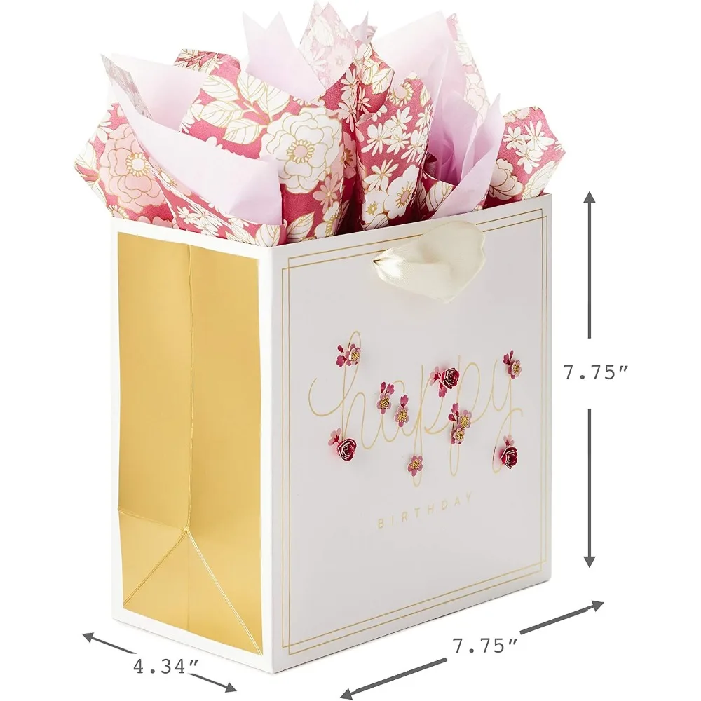 7" Medium Birthday Gift Bag with Pink Flowers & Tissue Paper, Elegant Design for Candles, Books, Jewelry - view 3