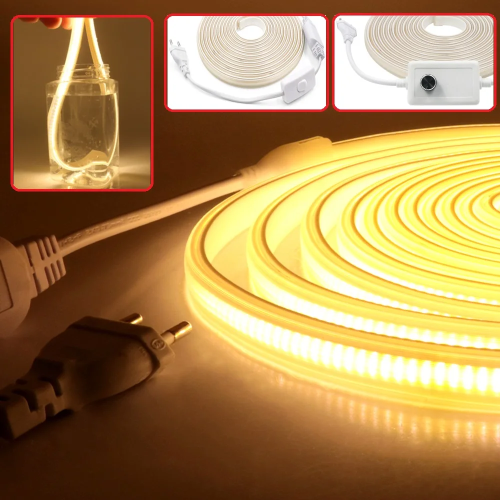 COB LED Tape Light Strip 110V 220V 288leds/m High Density Bending 3000K 4000K 6000K Waterproof Rope EU Plug With ON OFF Switch