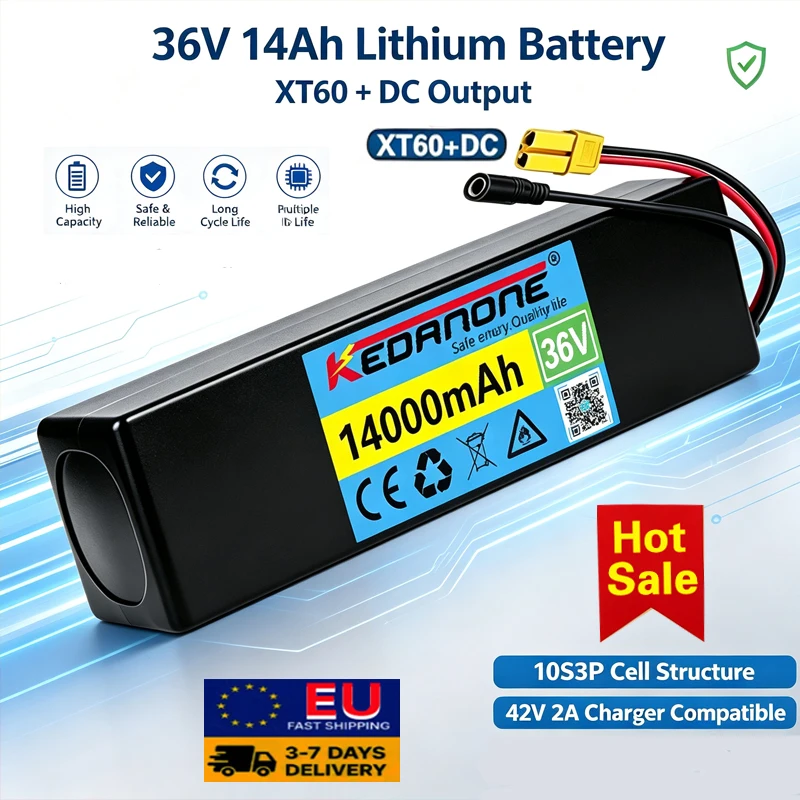 Batteria portatile agli ioni di litio 36V 14Ah 18650 10S3P, pacco batteria agli ioni di litio, batteria di ricambio, con caricabatterie BMS 42V2A