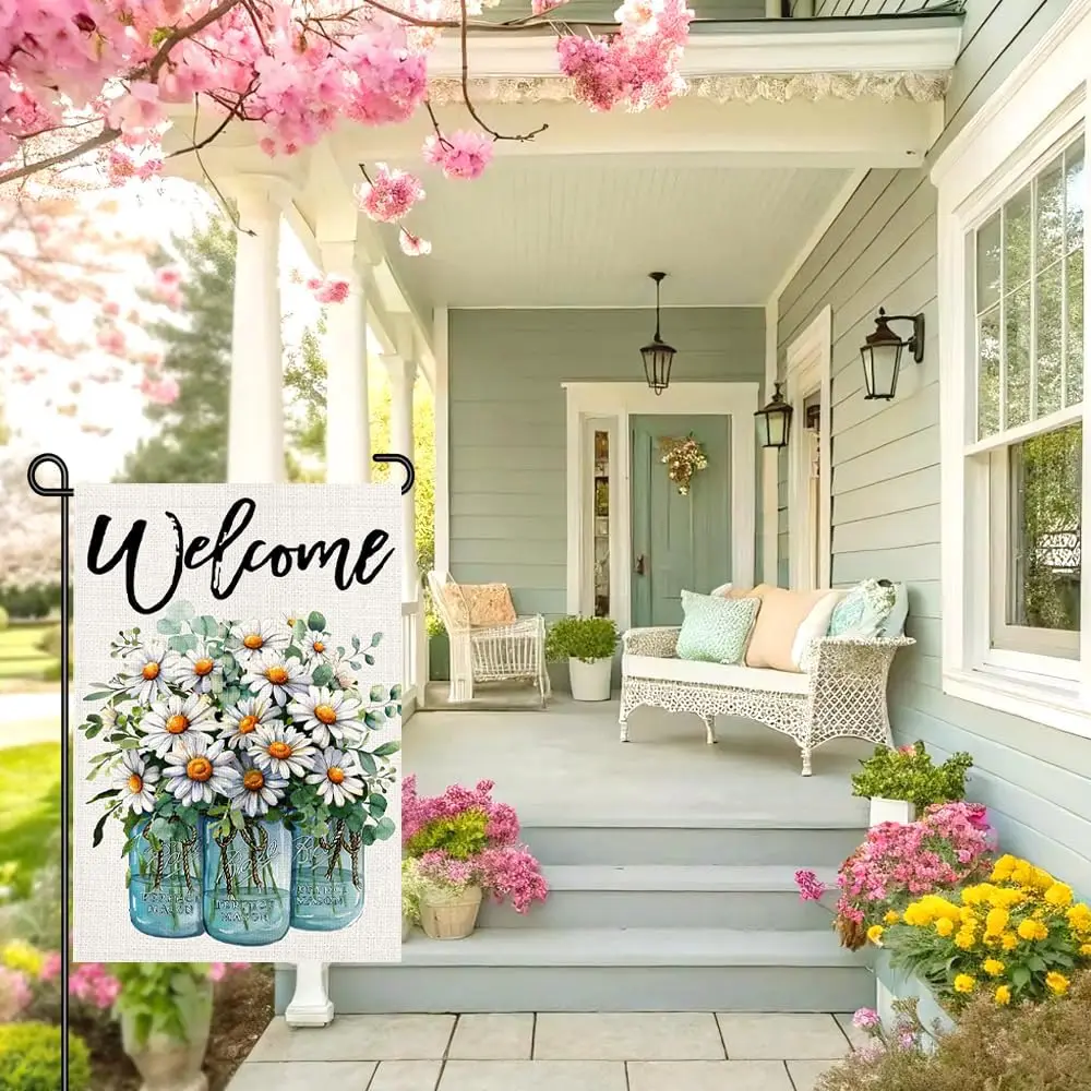 Spring Welcome Daisy Mason Jar Garden Flag 12x18, Spring Floral Yard Outdoor Decor, Double Sided Burlap Small Garden Sign DF GGO
